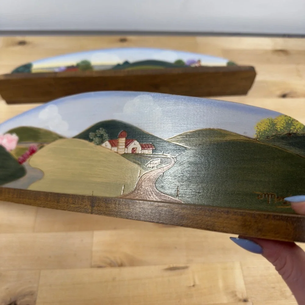 2 Vintage Coventry Chartistry Moniz Wood Pyrography Hand Painted Wall Plaques